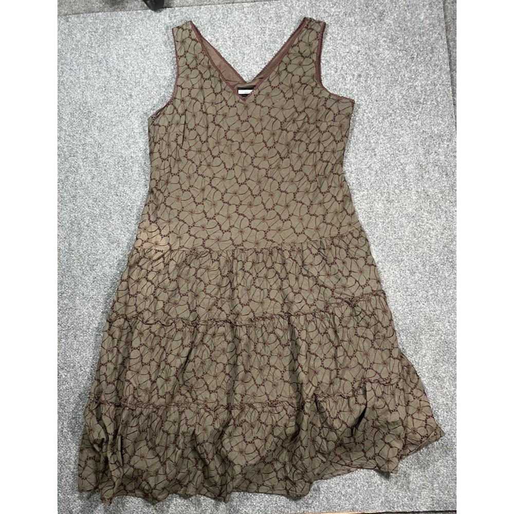 Tiered Midi Dress Women 12 Olive Green Floral Embroidered Cotton Sleeveless